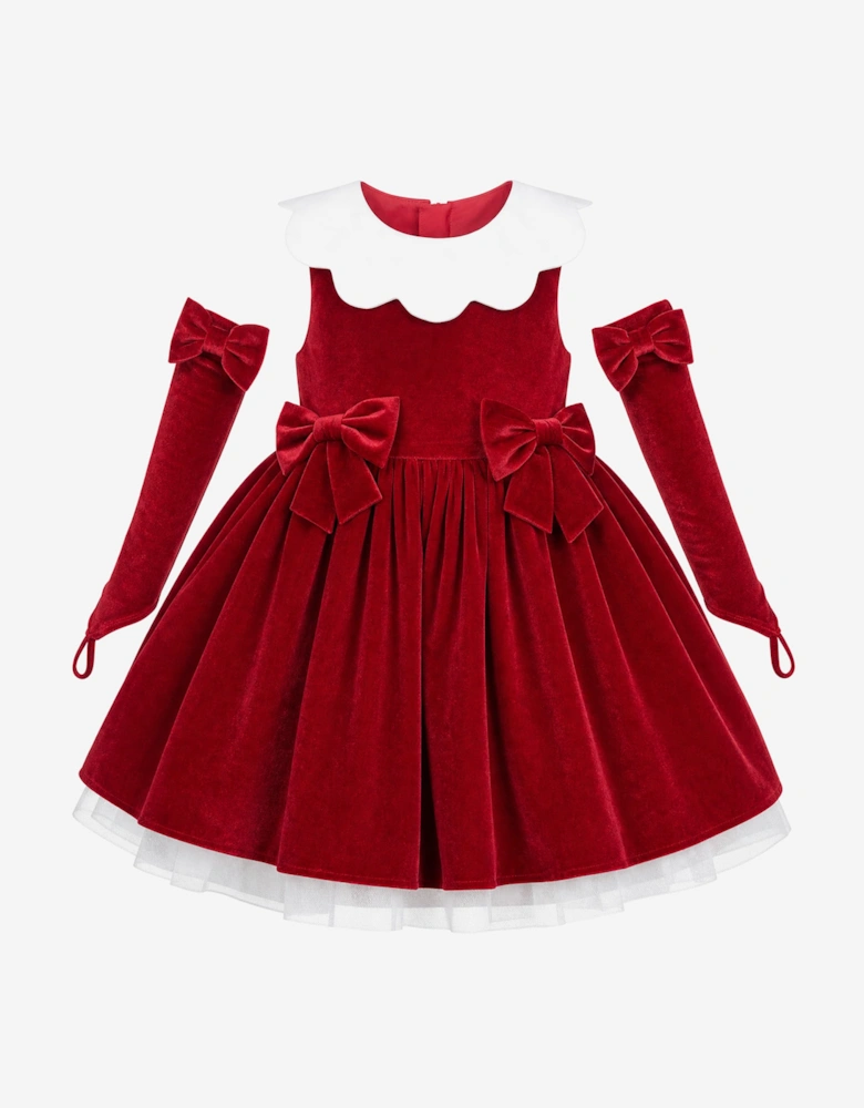 DRESS & Fleur Girls Scalloped Neck Dress with Gloves in Red