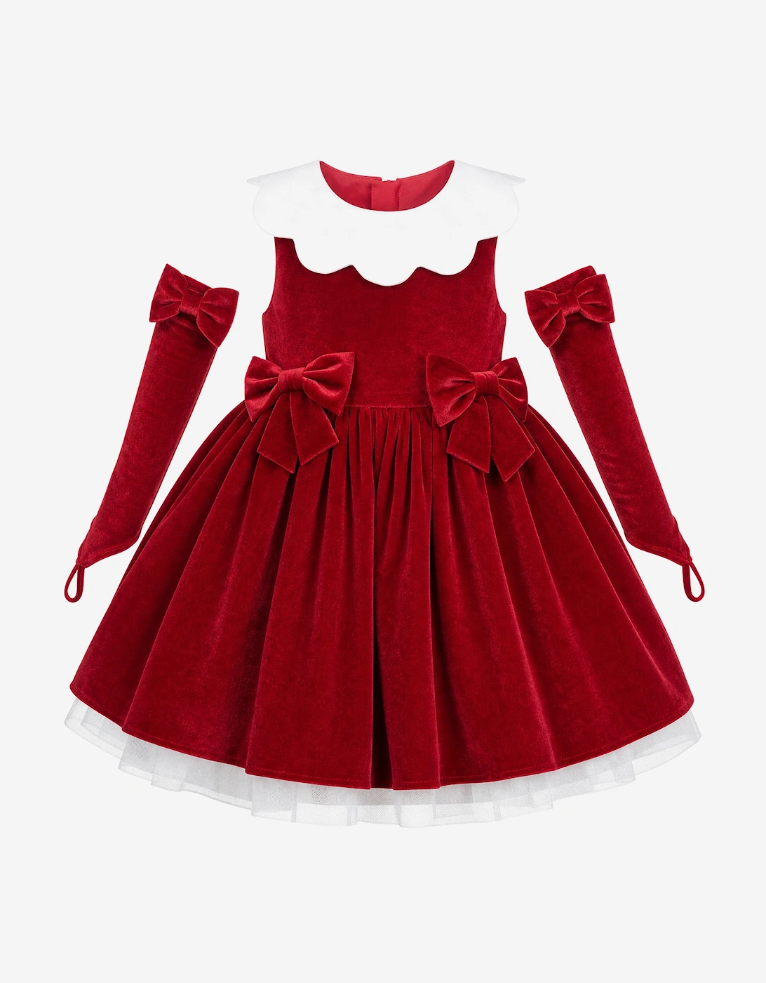 DRESS & Fleur Girls Scalloped Neck Dress with Gloves in Red