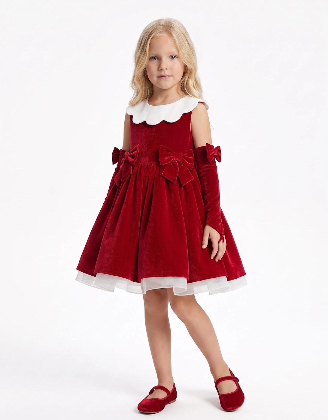 DRESS & Fleur Girls Scalloped Neck Dress with Gloves in Red