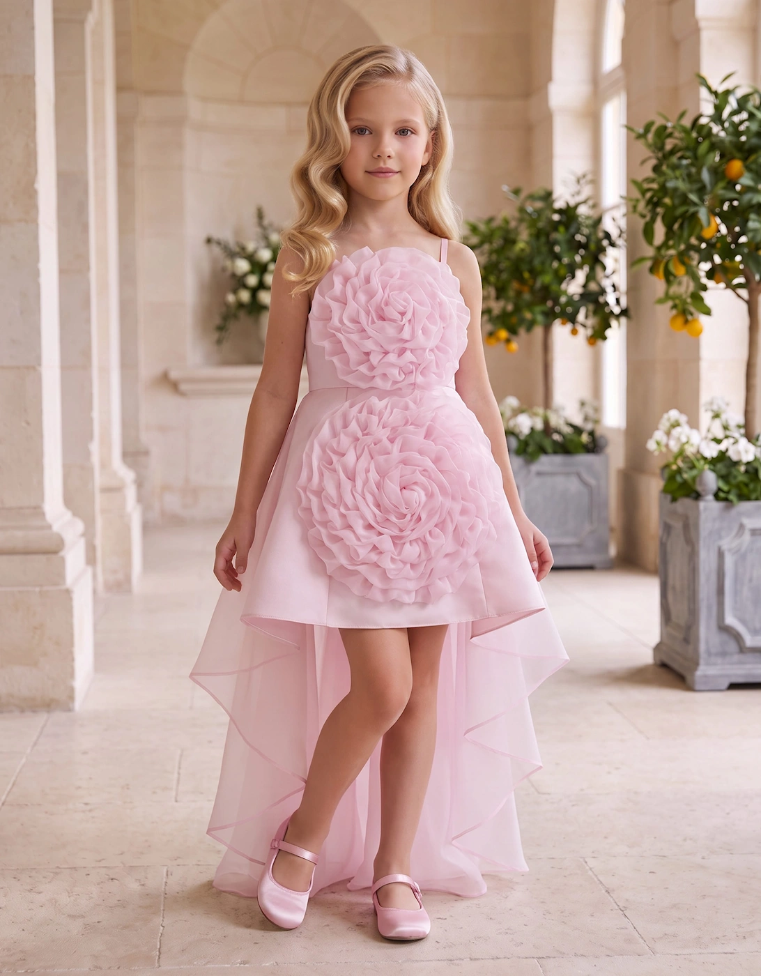 DRESS & Fleur Girls Embellished Tulle Dress with Long Train in Pink