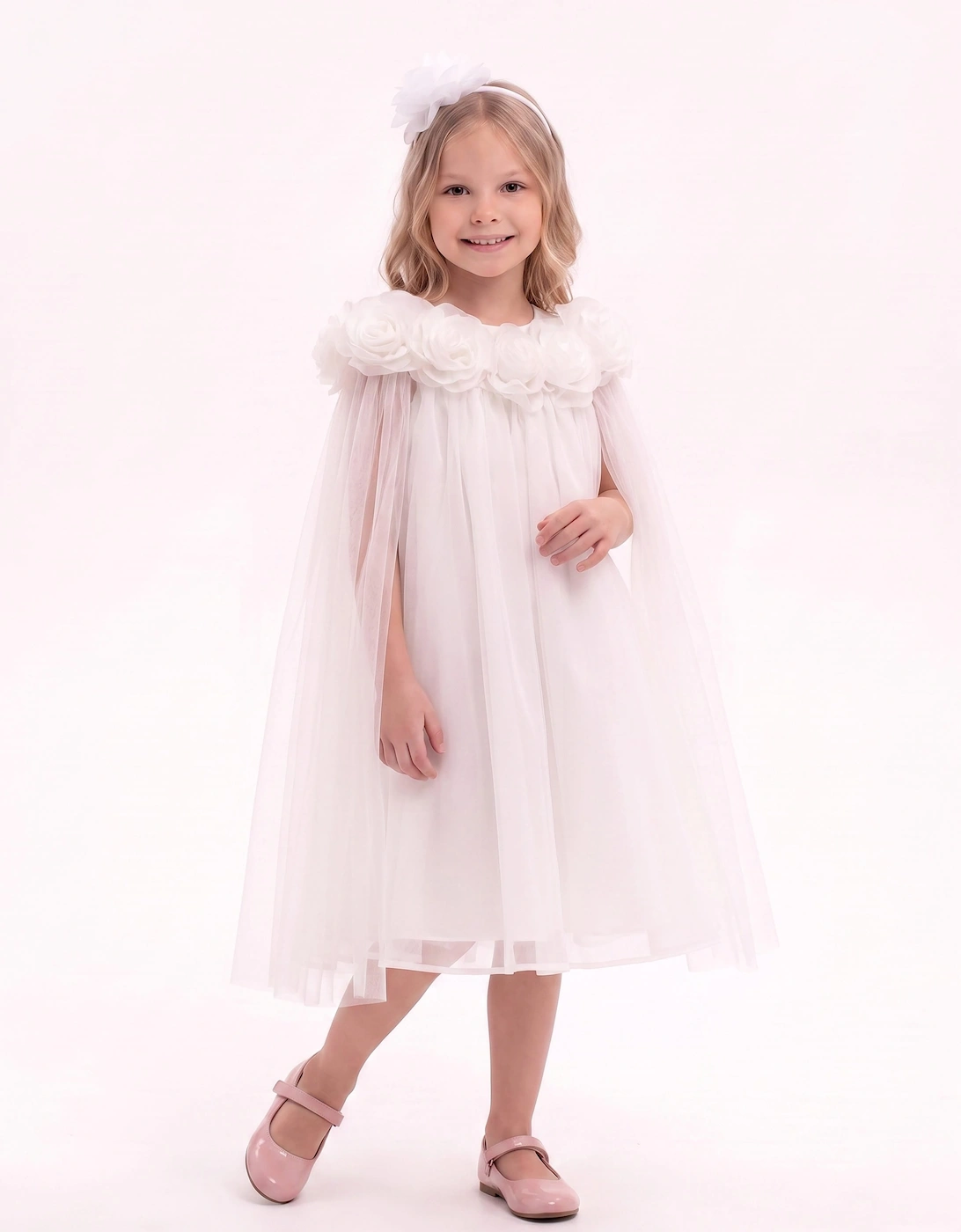 DRESS & Fleur Girls Chiffon Dress and Cape with Headband in Ivory