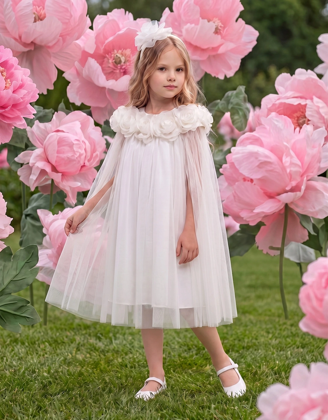 DRESS & Fleur Girls Chiffon Dress and Cape with Headband in Ivory