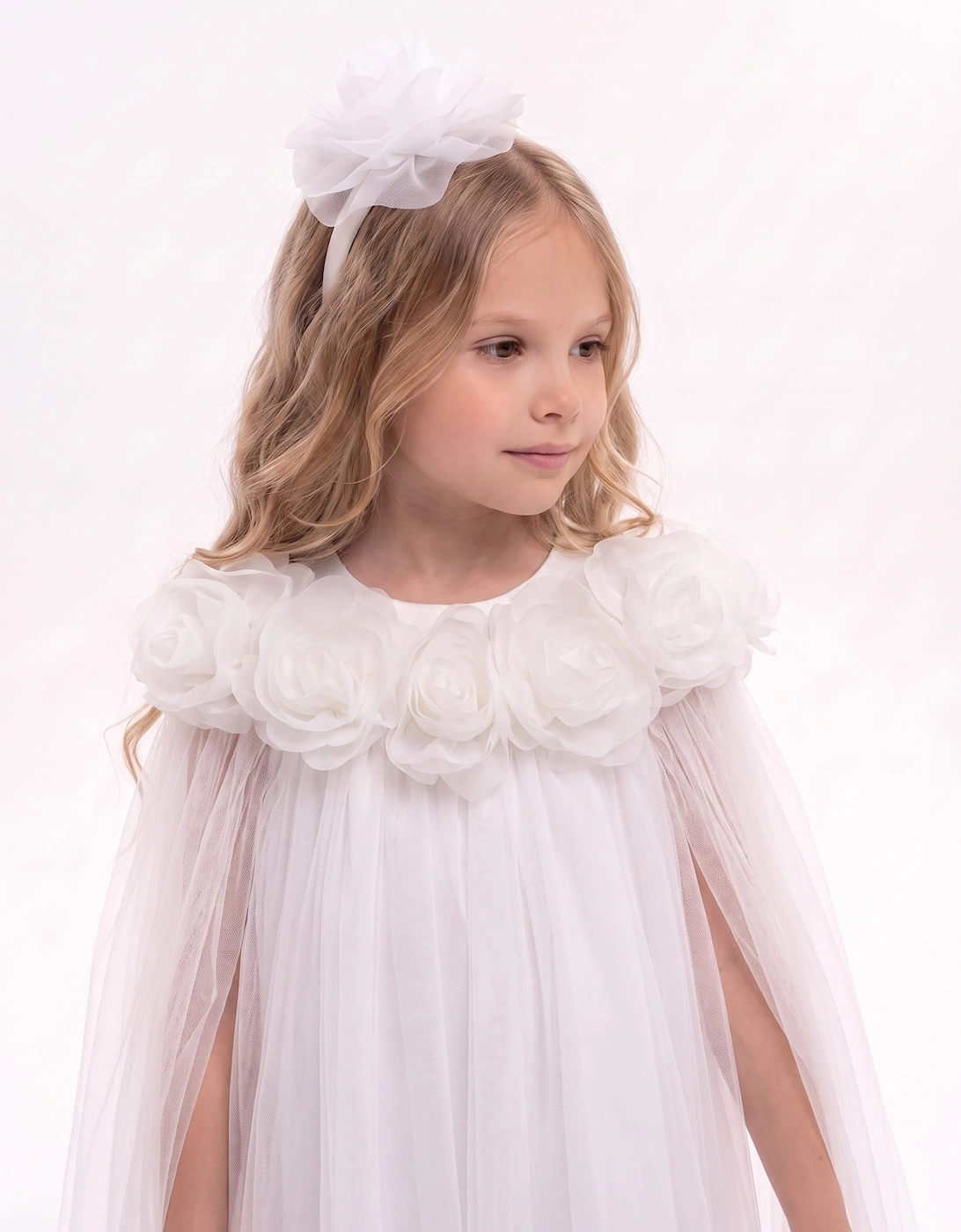 DRESS & Fleur Girls Chiffon Dress and Cape with Headband in Ivory