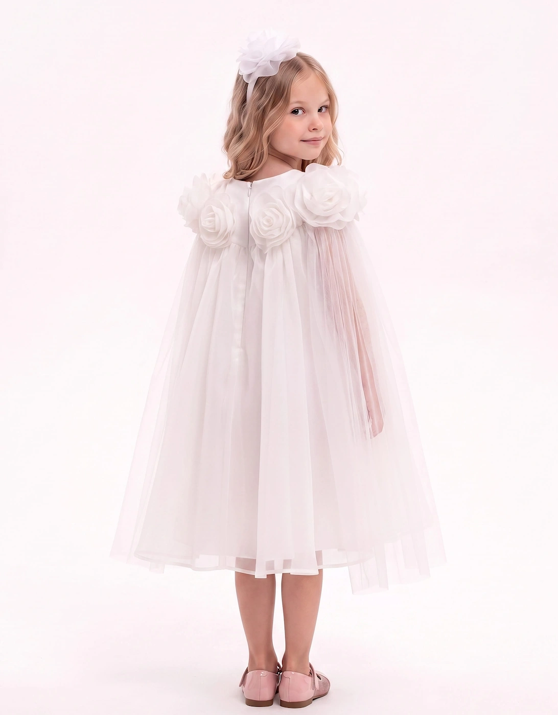 DRESS & Fleur Girls Chiffon Dress and Cape with Headband in Ivory