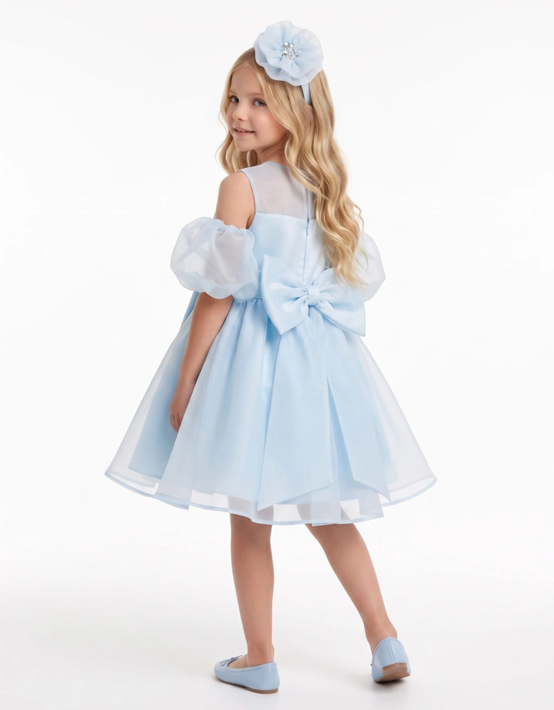 DRESS & Fleur Girls Chiffon Sash Dress with Sleeves and Headband in Blue
