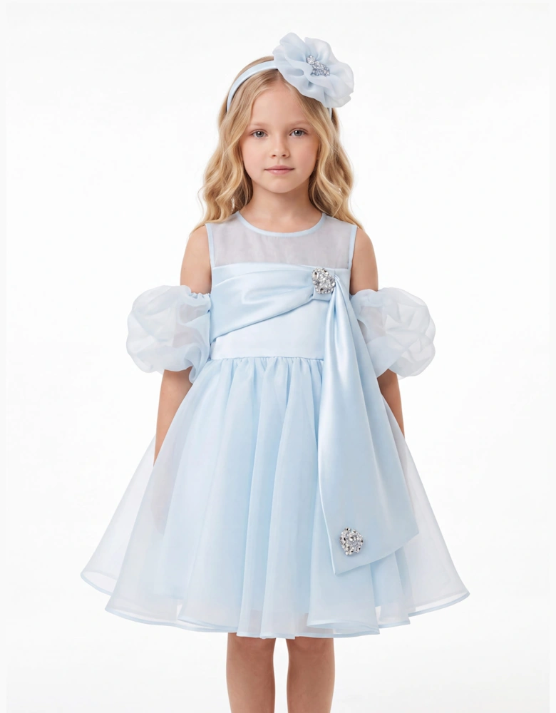 DRESS & Fleur Girls Chiffon Sash Dress with Sleeves and Headband in Blue
