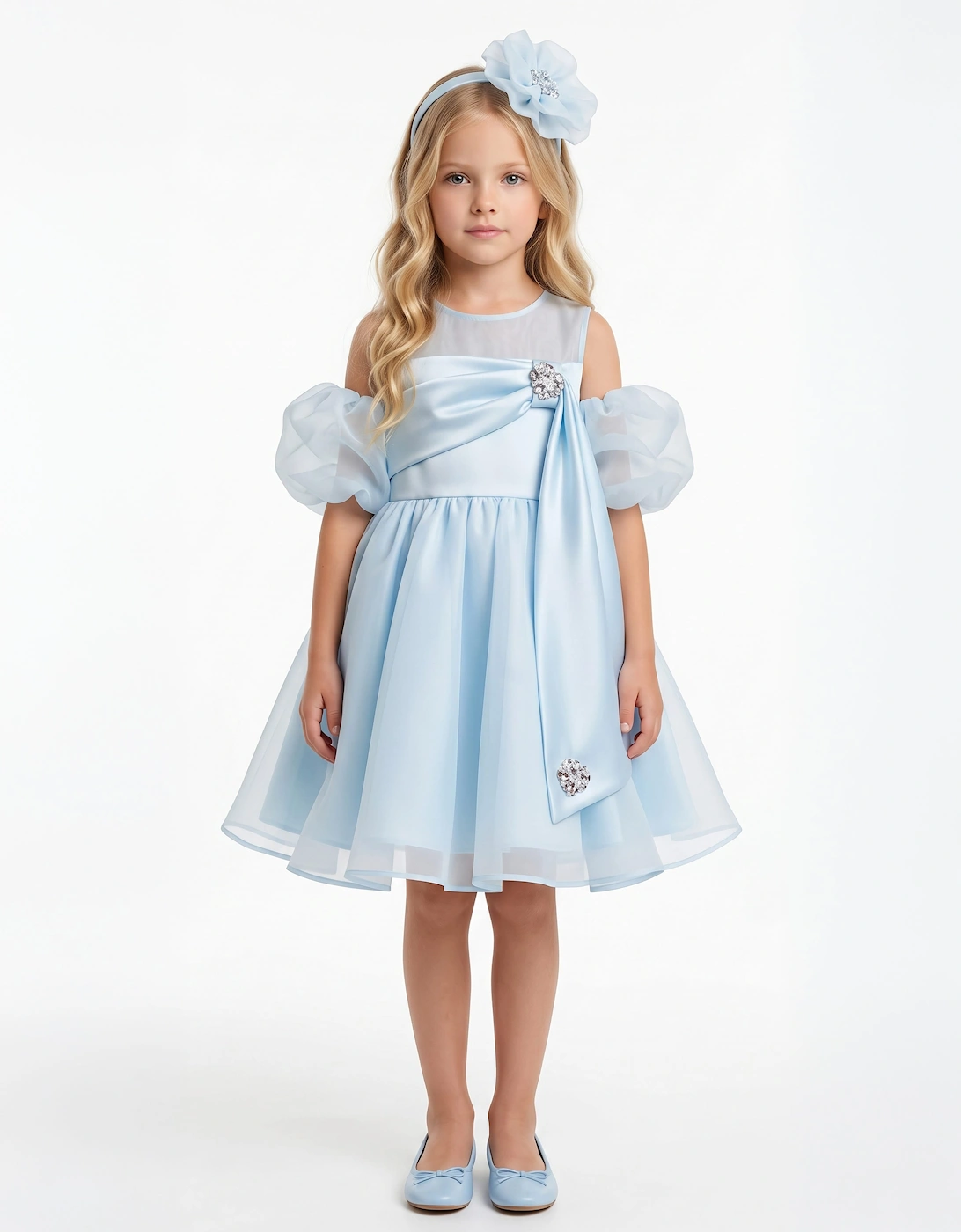 DRESS & Fleur Girls Chiffon Sash Dress with Sleeves and Headband in Blue