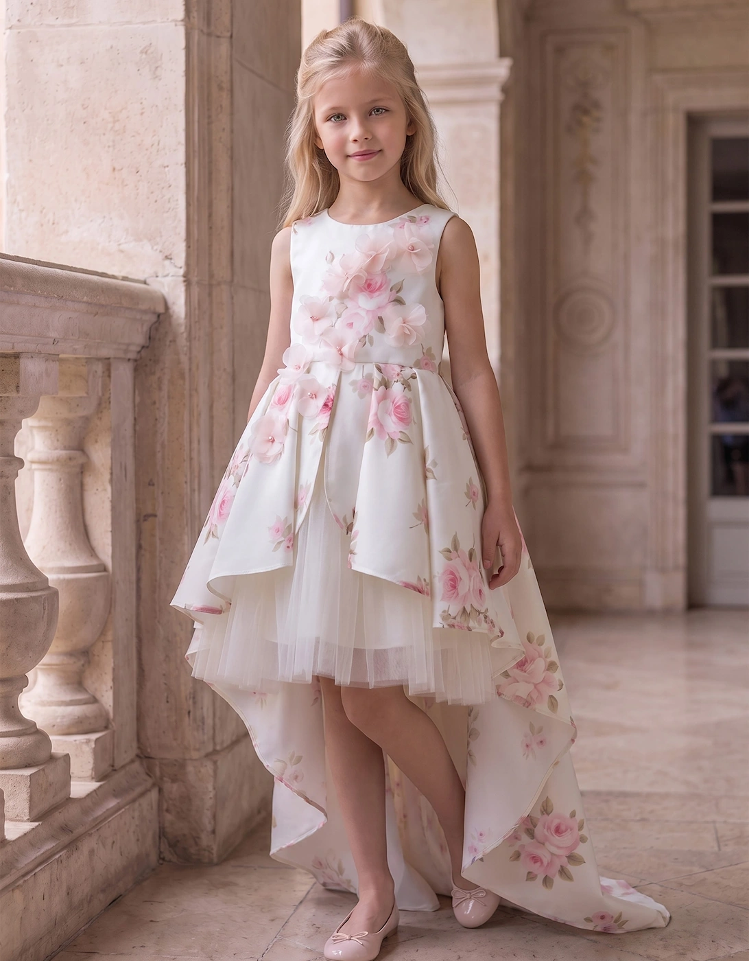 DRESS & Fleur Girls Floral Dress with Long Train in Beige