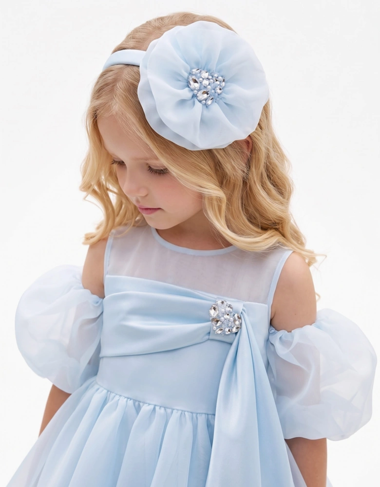 DRESS & Fleur Girls Chiffon Sash Dress with Sleeves and Headband in Blue