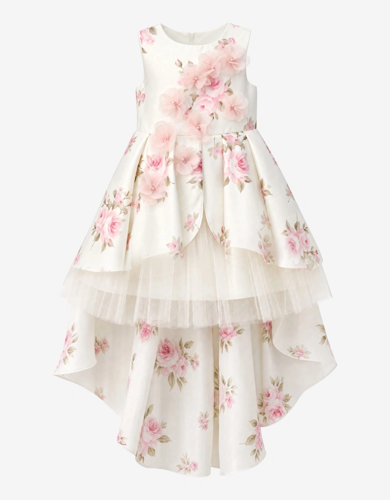 DRESS & Fleur Girls Floral Dress with Long Train in Beige