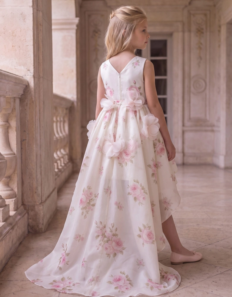 DRESS & Fleur Girls Floral Dress with Long Train in Beige