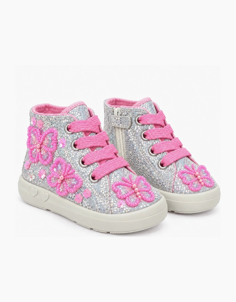 Girls Silver Beaded Butterfly Hi-Top Trainers