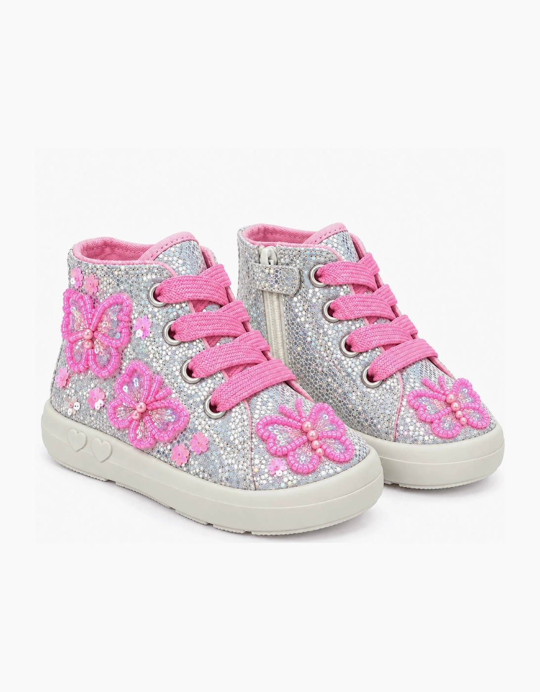 Girls Silver Beaded Butterfly Hi-Top Trainers