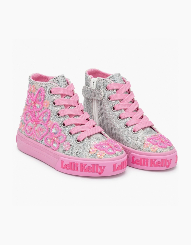 Girls Silver Beaded Butterfly Hi-Top Trainers