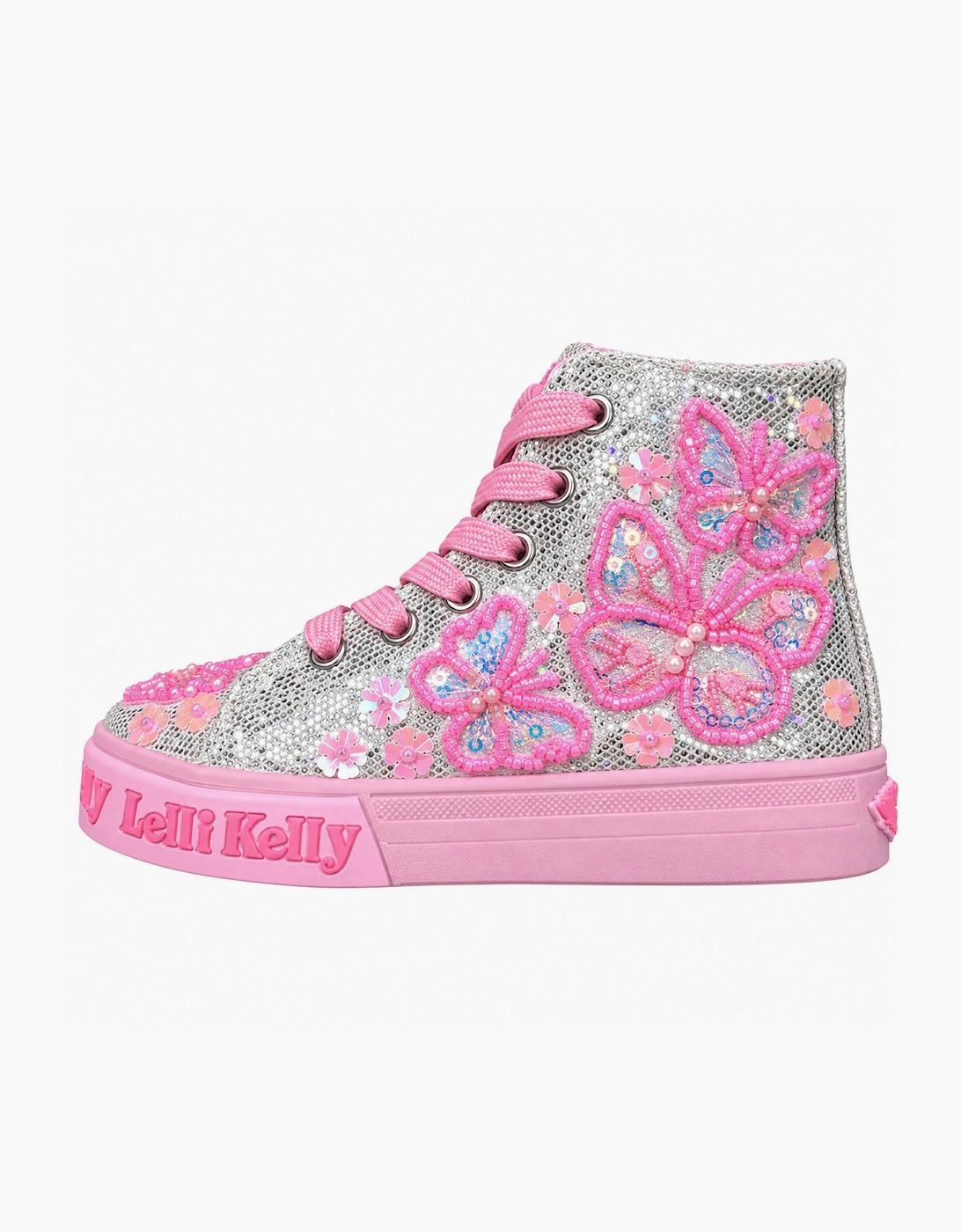 Girls Silver Beaded Butterfly Hi-Top Trainers