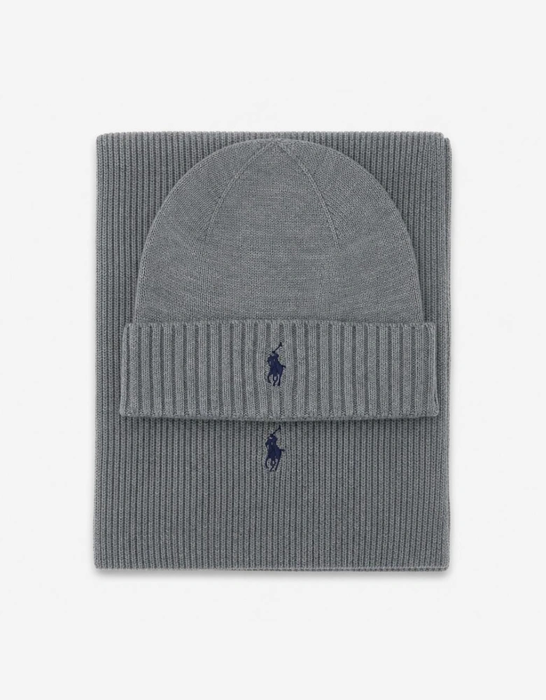 Polo Ralph Lauren Hat and Scarf Set Mens Beanie Fawn Grey Heather