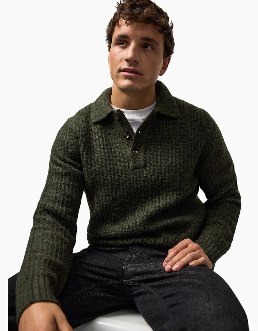 Mens Sweat Wool Blend Long Sleeve Polo Regular Fit Jumper Chunky Knitted Sweater