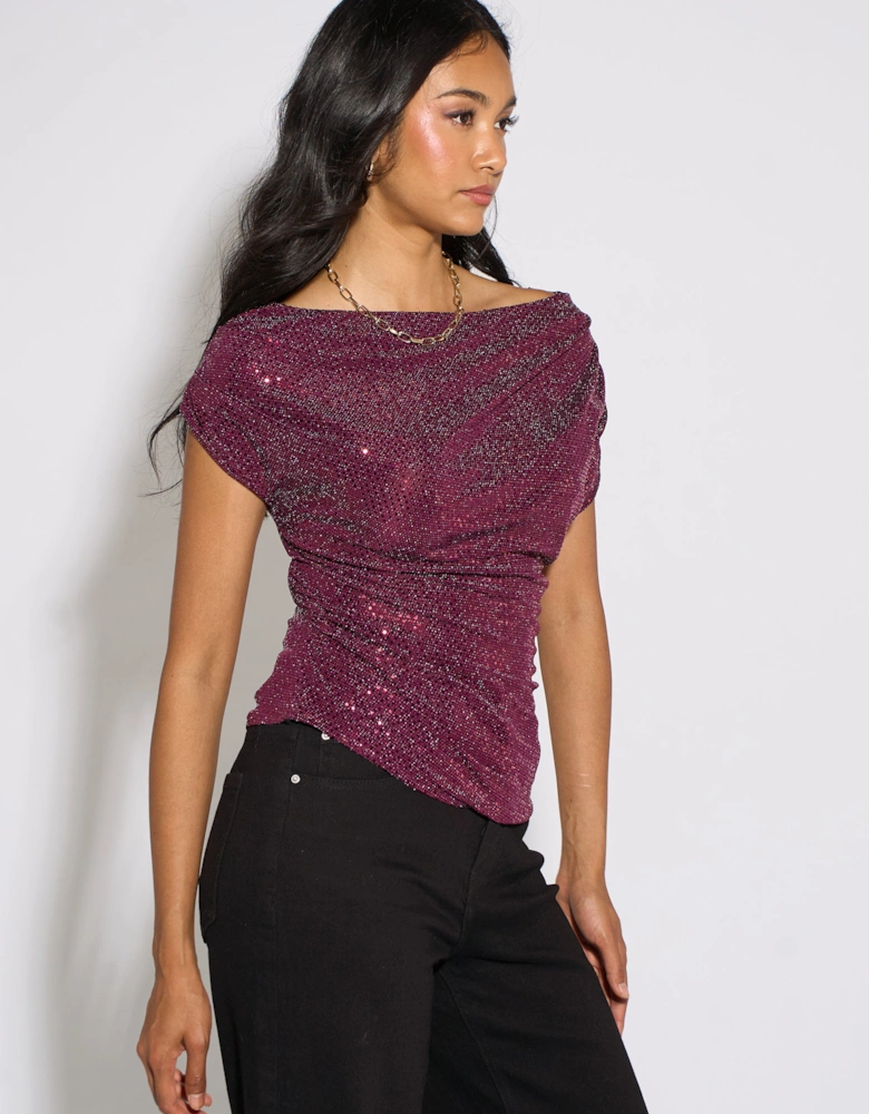 Mulberry Off Shoulder Sparkle Contrast Top