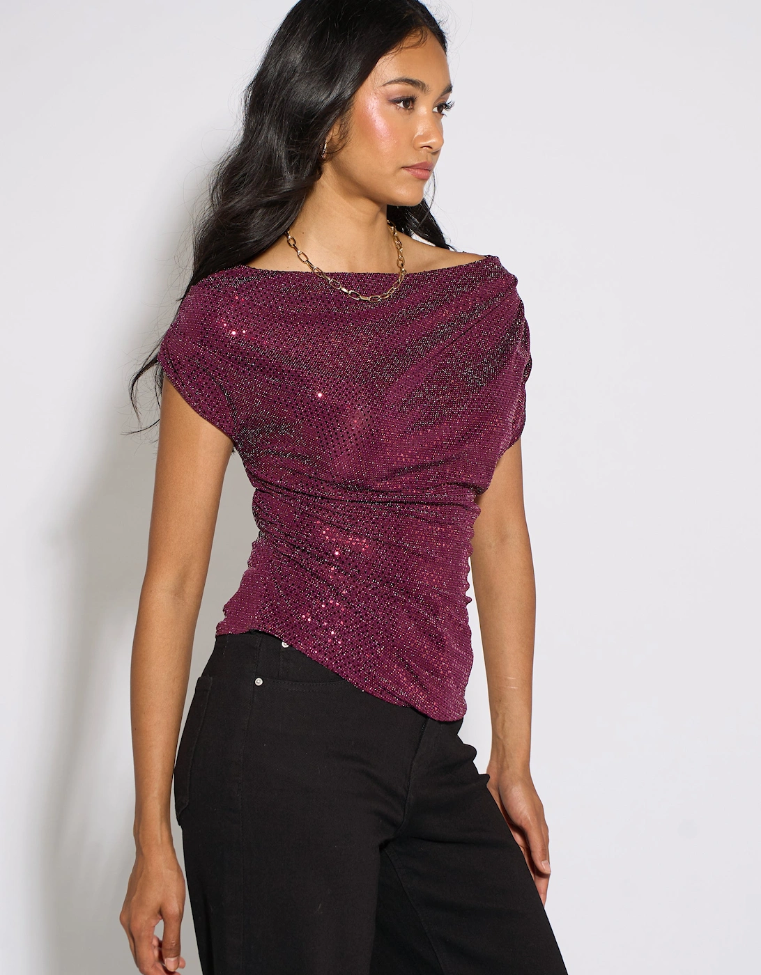 Mulberry Off Shoulder Sparkle Contrast Top