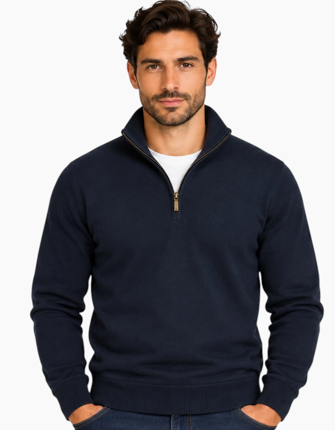 Mens Quarter Zip Sweatshirt Long Sleeve Slim Fit Premium Textured Cotton Jumper