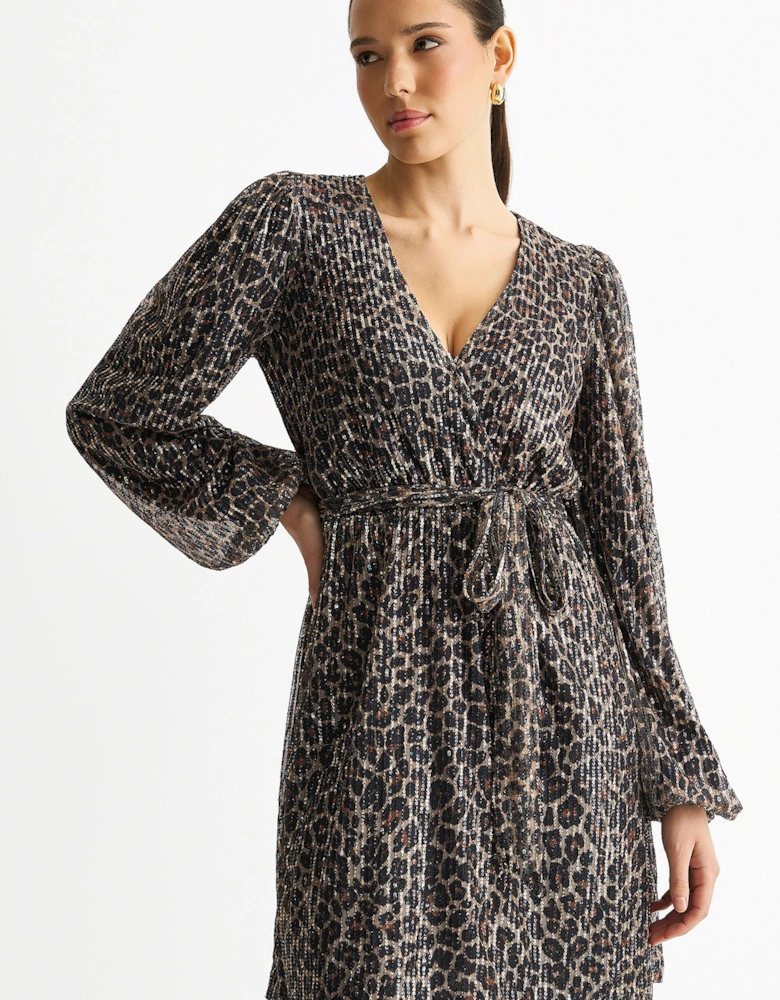 Black Animal Sequin Wrap Elasticated Waist Mini Dress