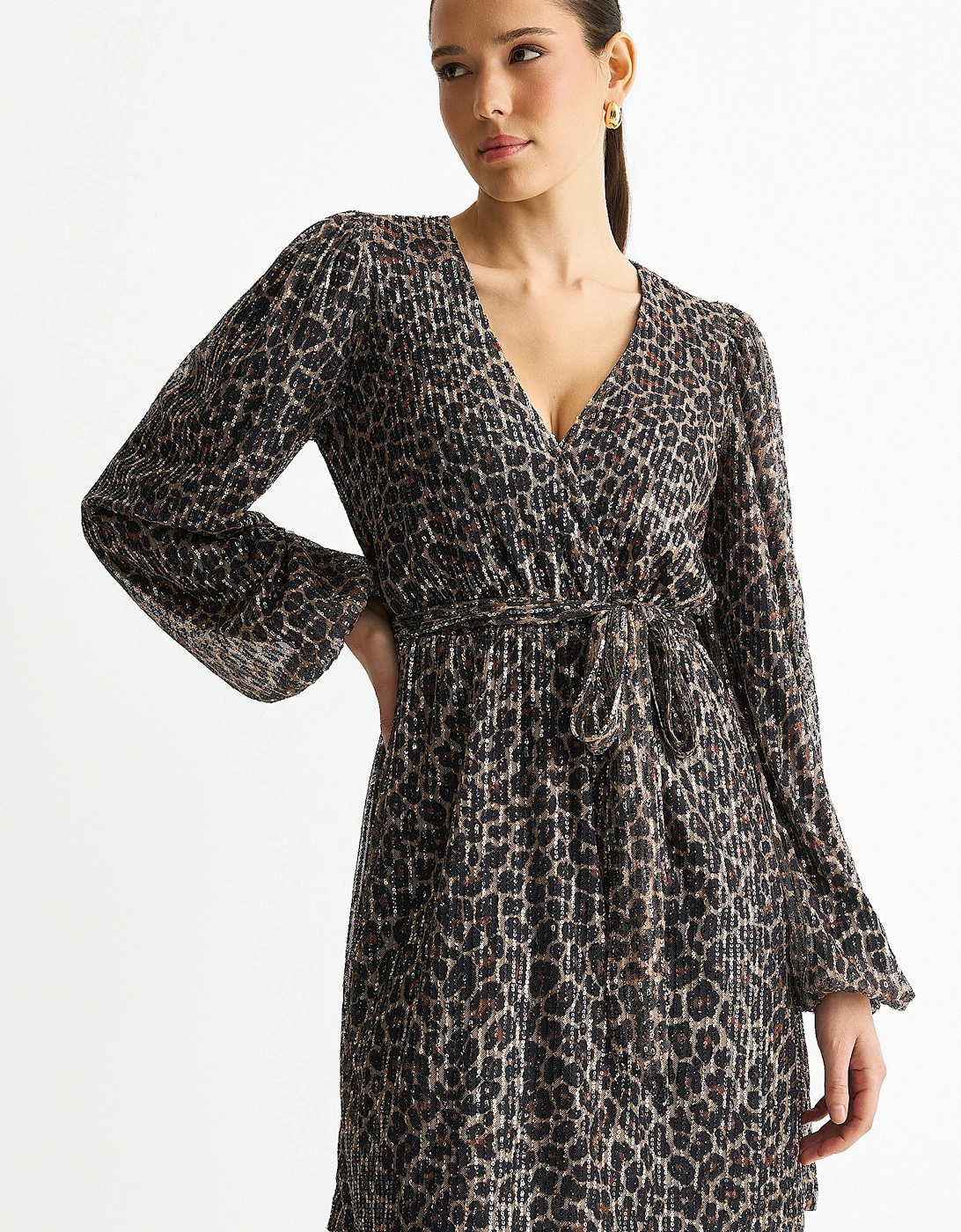 Black Animal Sequin Wrap Elasticated Waist Mini Dress