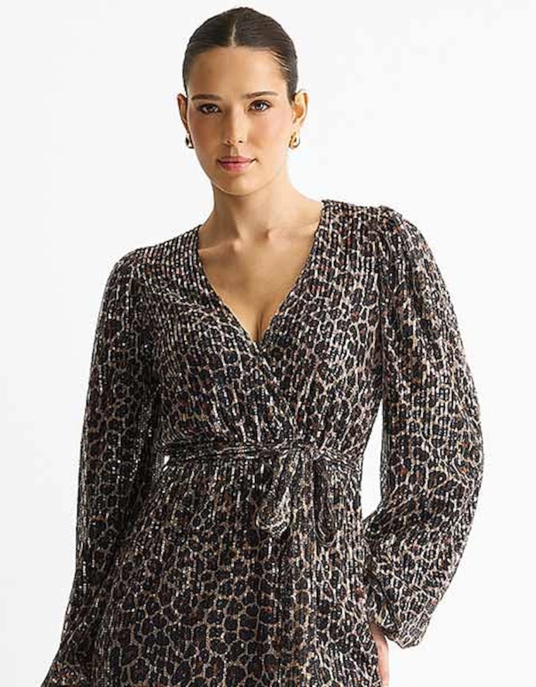 Black Animal Sequin Wrap Elasticated Waist Mini Dress