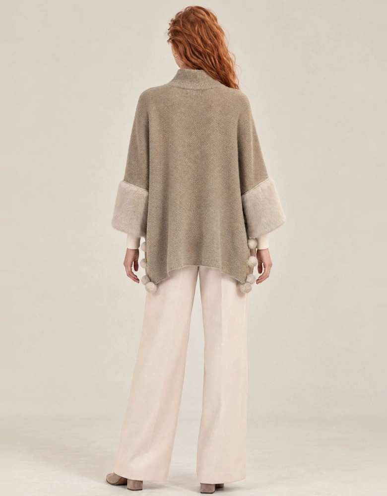 Beige Pom Pom Faux Fur Knit Poncho