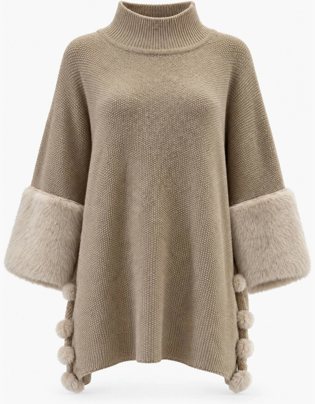 Beige Pom Pom Faux Fur Knit Poncho