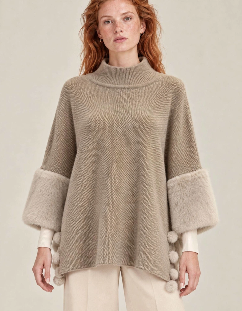 Beige Pom Pom Faux Fur Knit Poncho