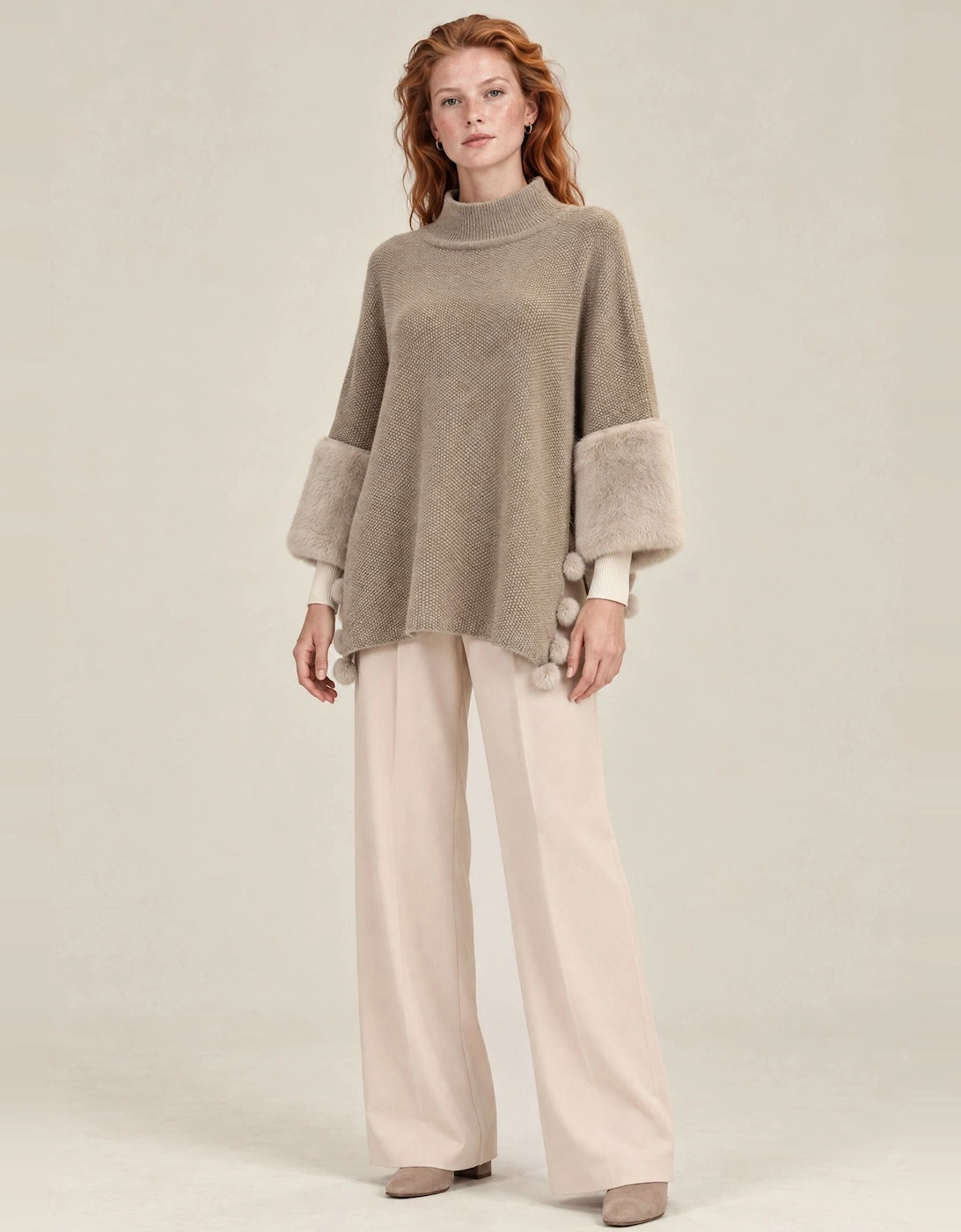 Beige Pom Pom Faux Fur Knit Poncho