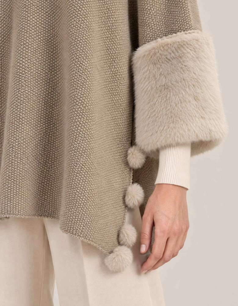 Beige Pom Pom Faux Fur Knit Poncho