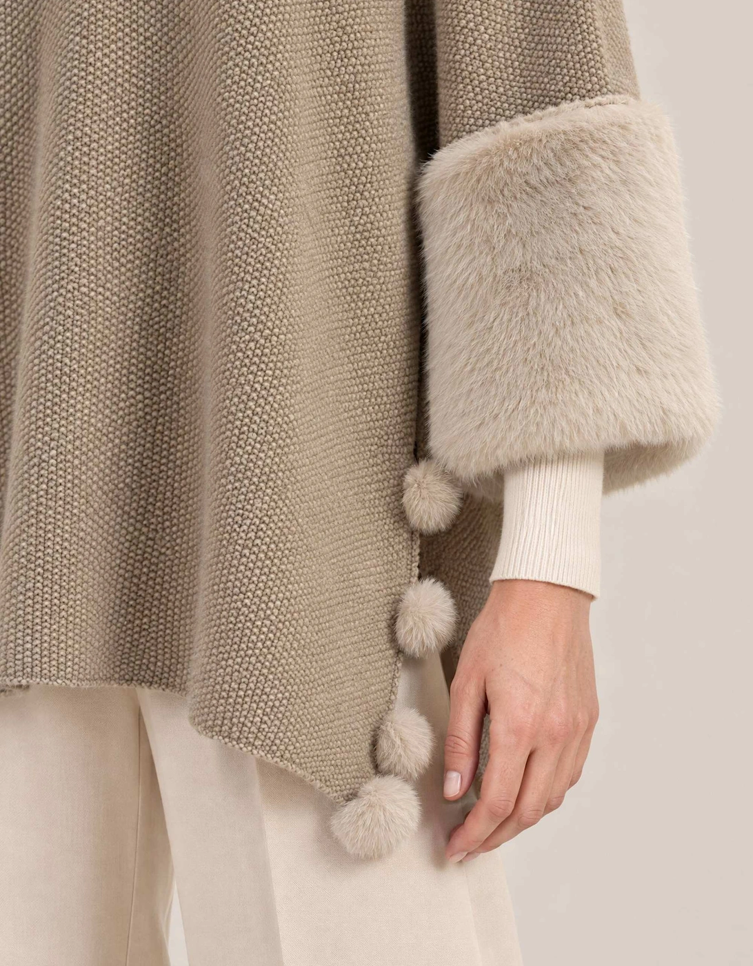 Beige Pom Pom Faux Fur Knit Poncho