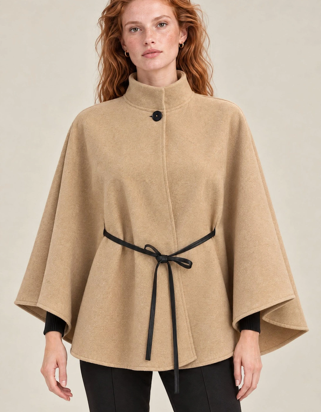 Camel Belted Wrap Cape