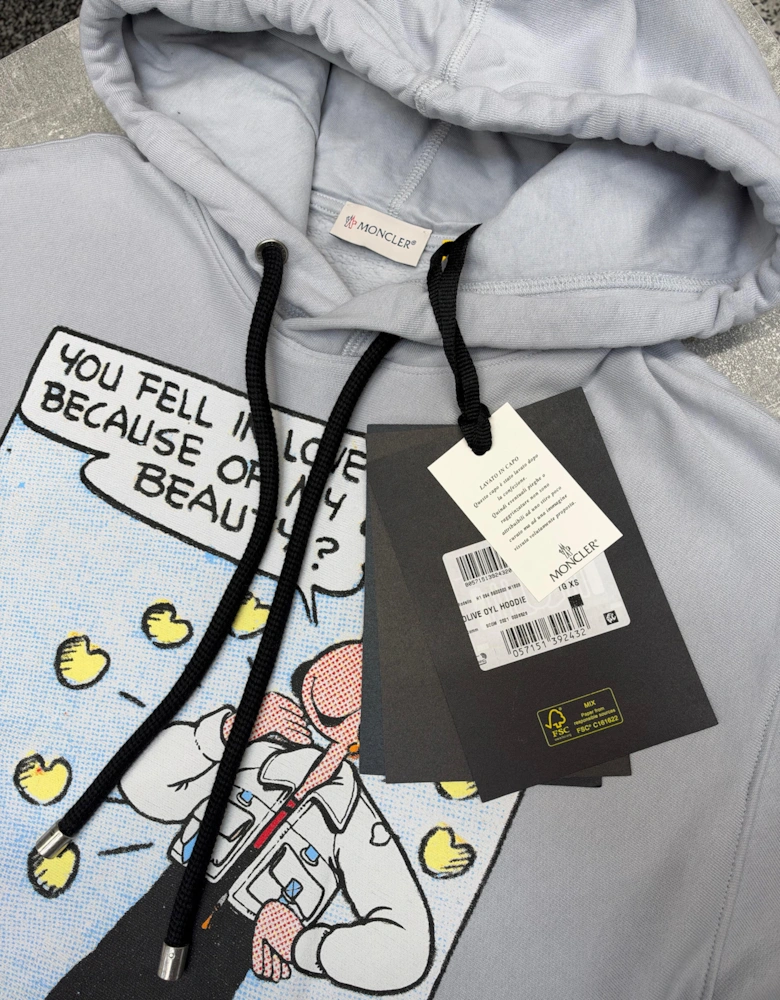 MONCLER GENIUS X OLIVE OYL OVERSIZED GRAPHIC HOODIE PALE BLUE