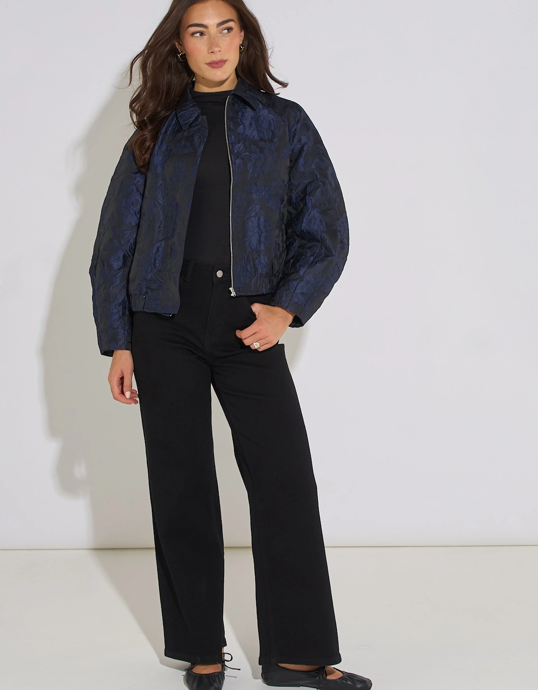 Navy Floral Jacquard Bomber Jacket