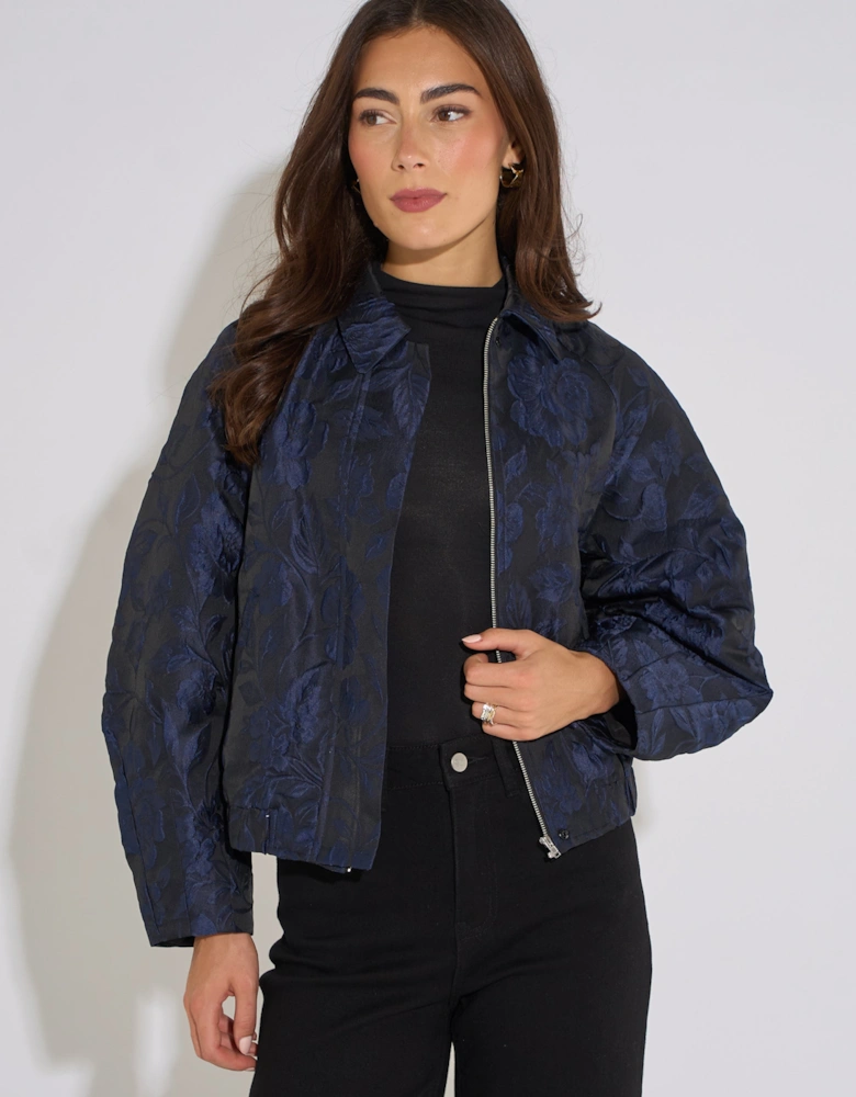 Navy Floral Jacquard Bomber Jacket