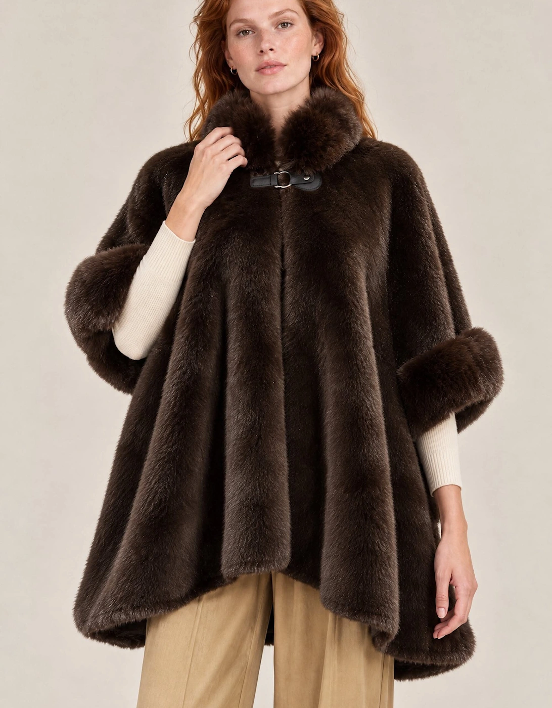 Dark Brown Faux Fur Buckle Cape