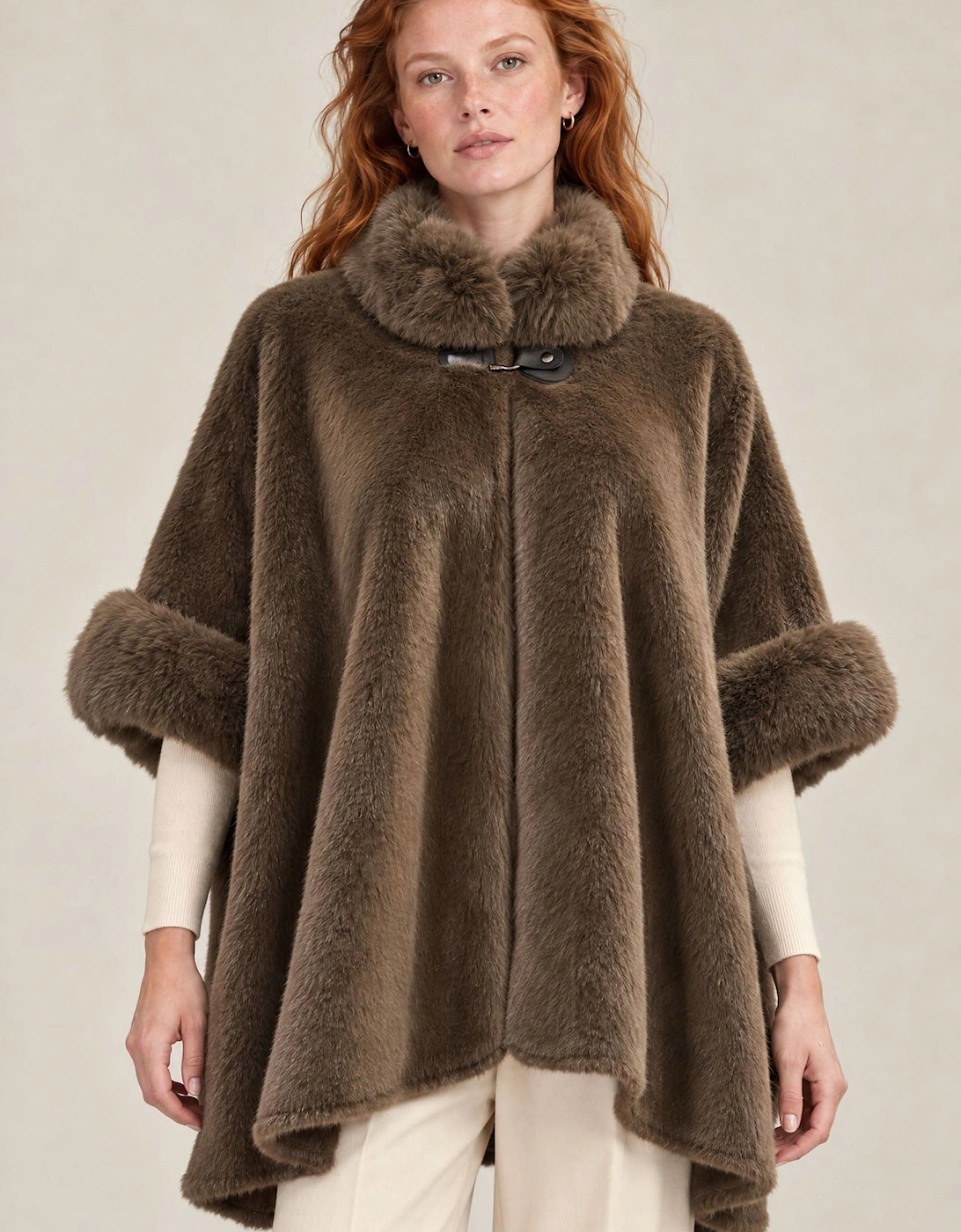 Mocha Brown Faux Fur Buckle Cape