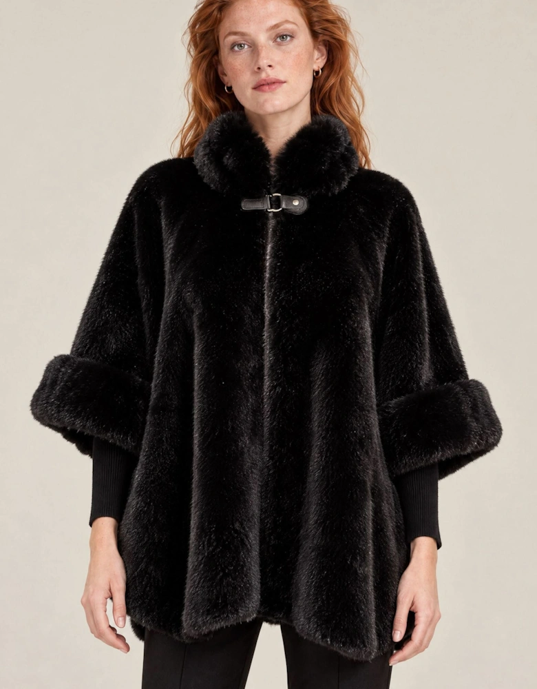 Black Faux Fur Buckle Cape