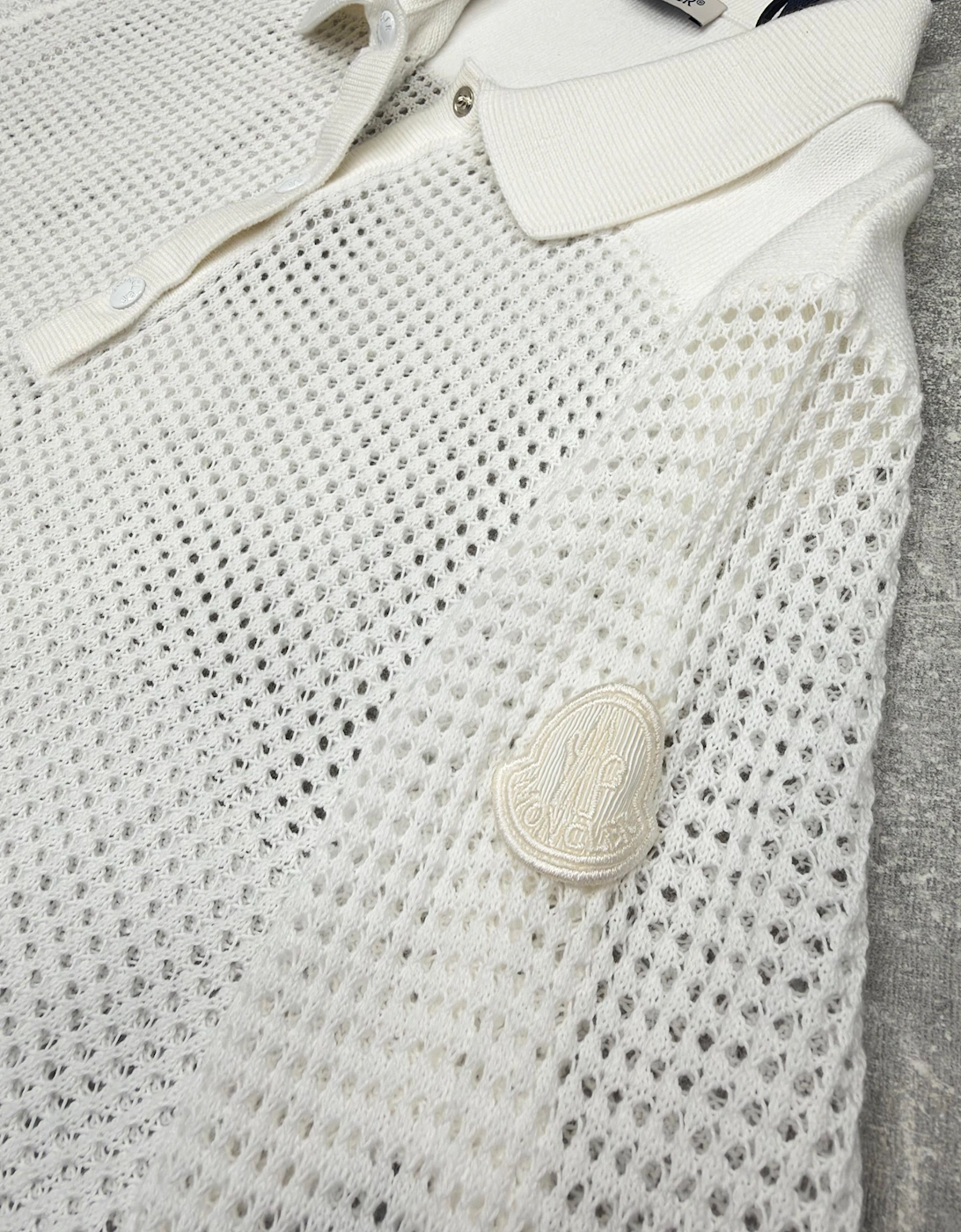 MONCLER WOMENS OPEN KNIT POLO SHIRT IVORY
