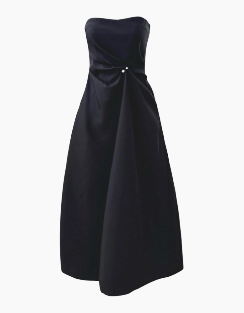 Black Strapless Dress With Asymmetrical Folds And Pearl Detail