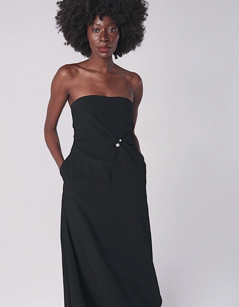 Black Strapless Dress With Asymmetrical Folds And Pearl Detail