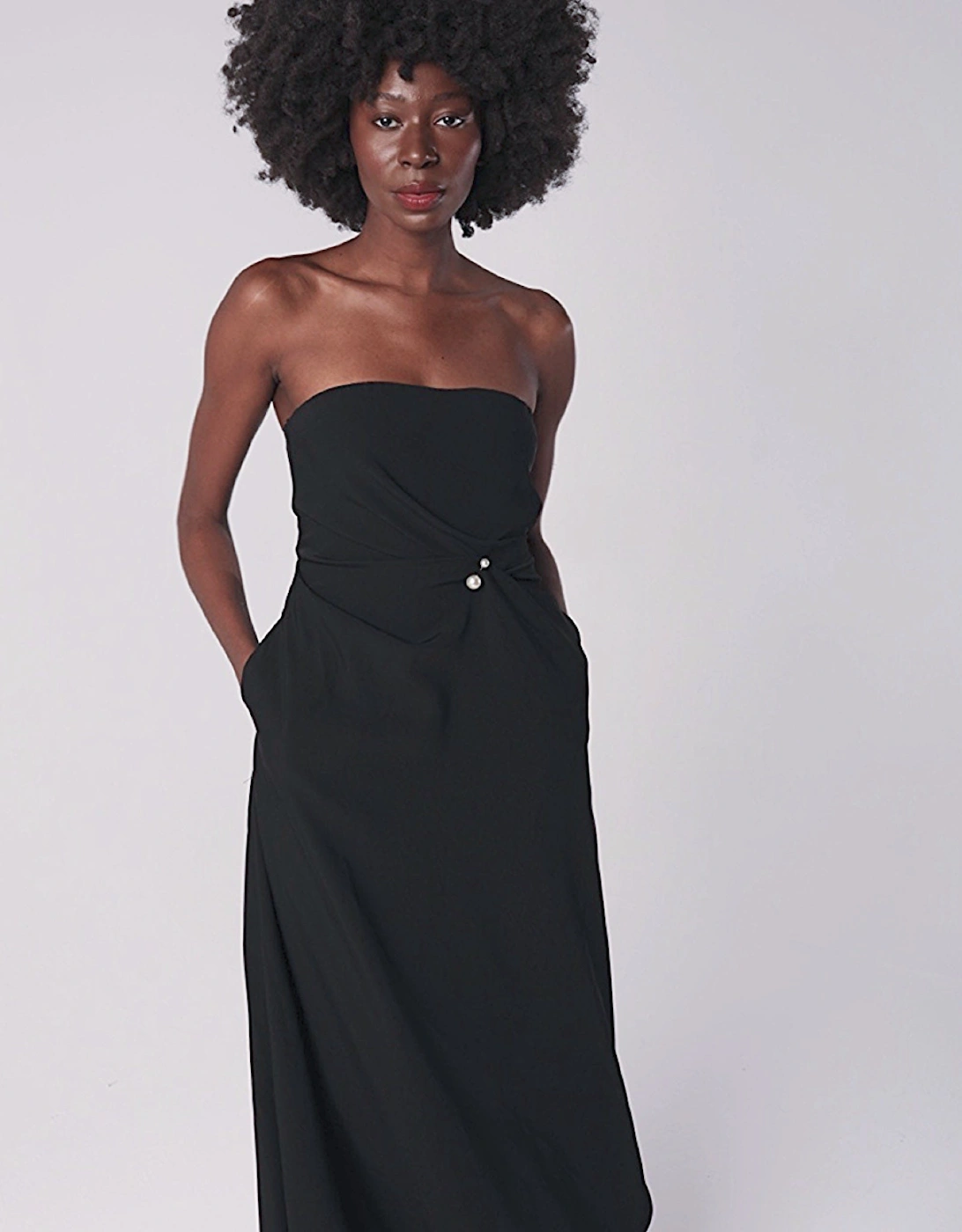 Black Strapless Dress With Asymmetrical Folds And Pearl Detail