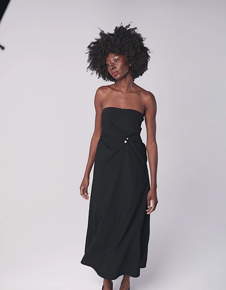 Black Strapless Dress With Asymmetrical Folds And Pearl Detail