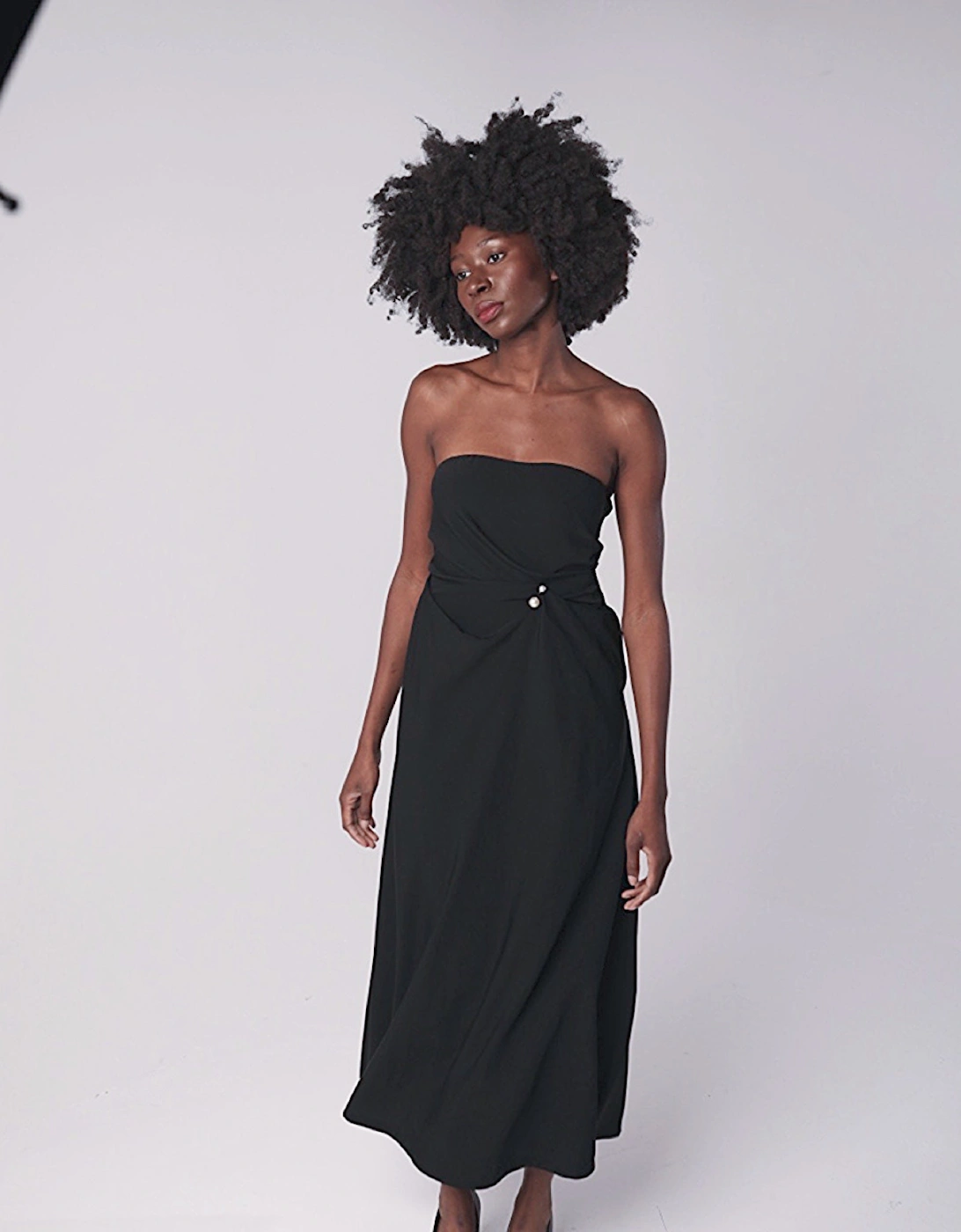 Black Strapless Dress With Asymmetrical Folds And Pearl Detail
