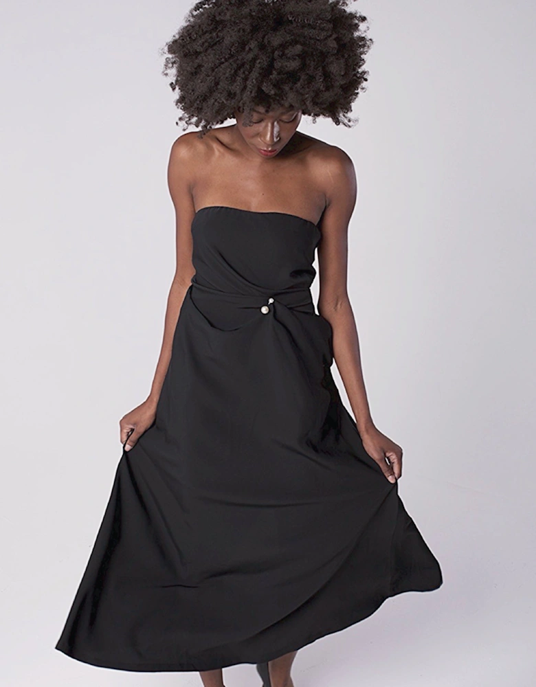 Black Strapless Dress With Asymmetrical Folds And Pearl Detail