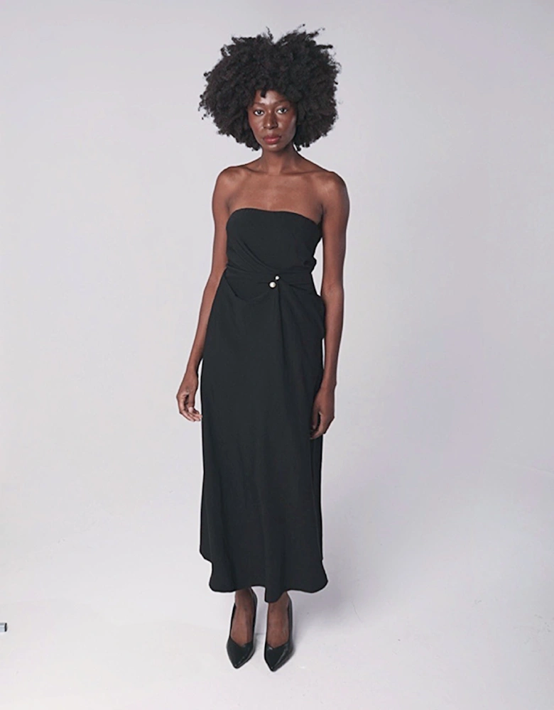 Black Strapless Dress With Asymmetrical Folds And Pearl Detail