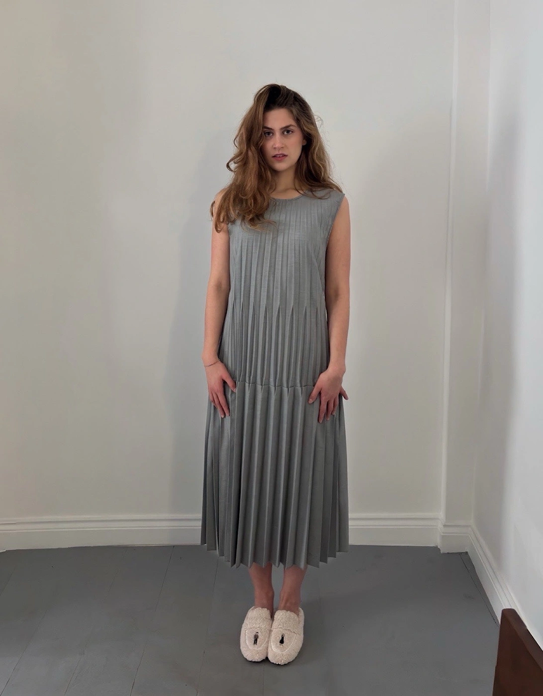Grey Accordion Layer Pleated Midi Dress