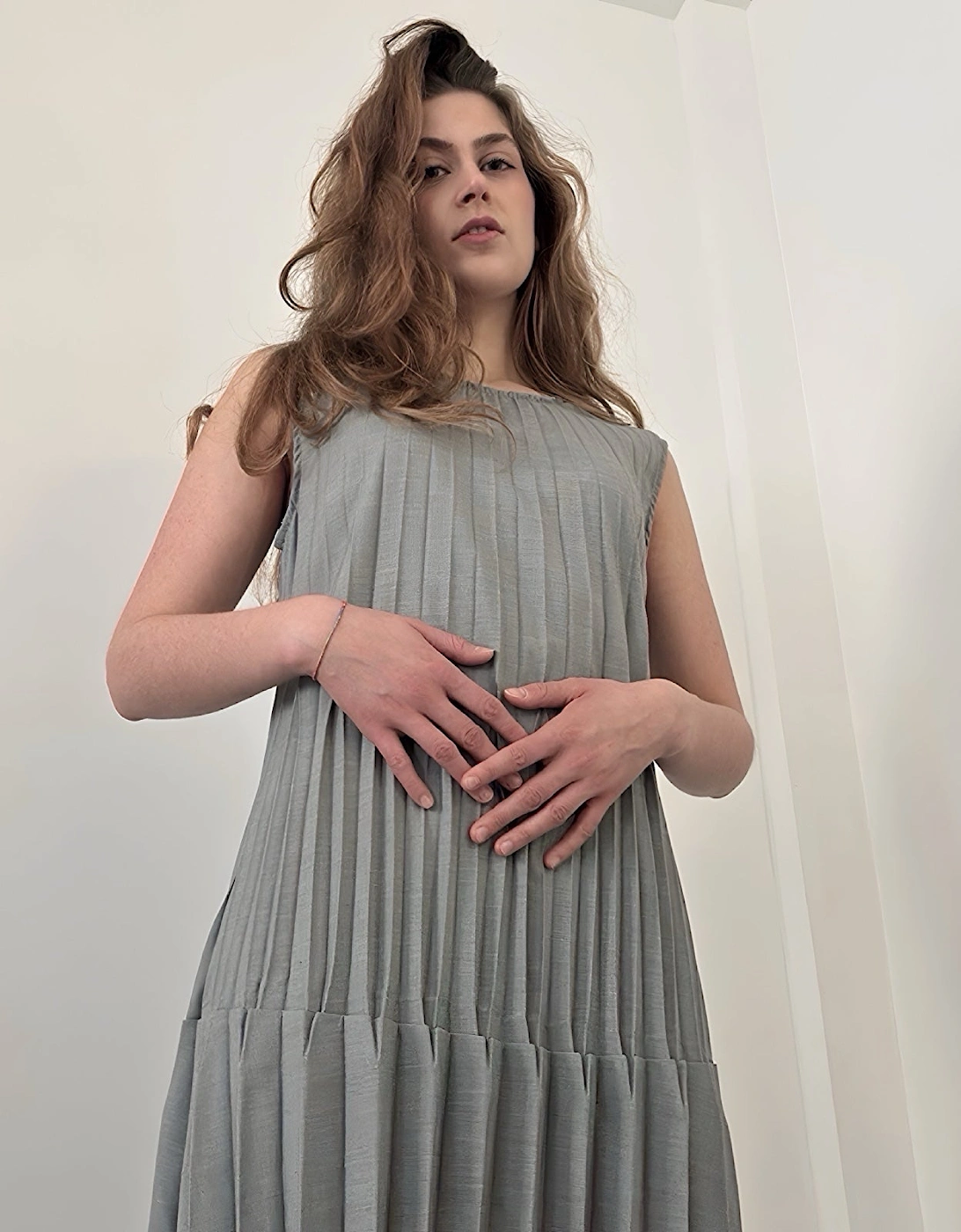 Grey Accordion Layer Pleated Midi Dress